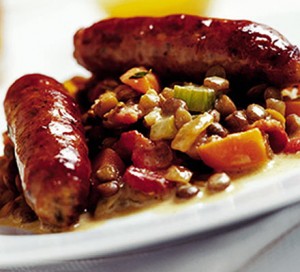 Sausages and Green Lentils